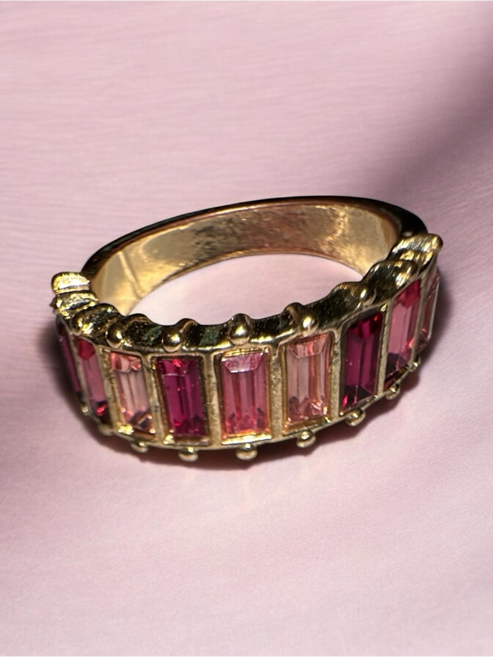 Gold Tone Pink Baguette Crystal Band Ring - Picture 1 of 5